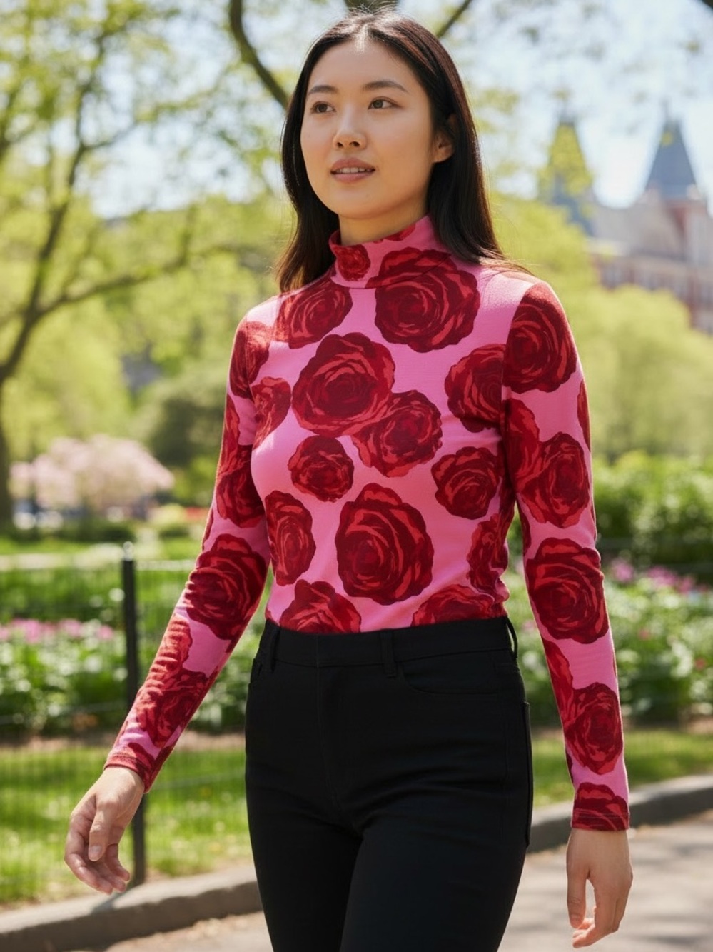 New York & Company Pink and Red Rose Print Turtleneck Long Sleeve Top